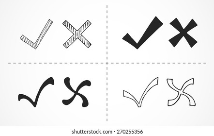 Set of hand drawn tick and cross marks. Vector illustration.