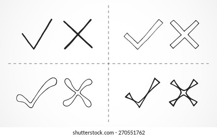 Set of hand drawn tick and cross marks. Vector illustration.