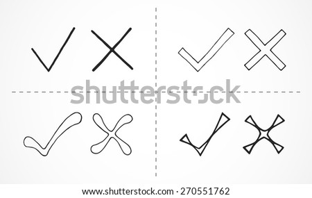Set of hand drawn tick and cross marks. Vector illustration.