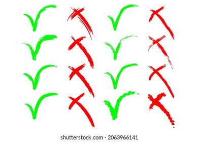 A set of hand drawn ticks and crosses isolated on white background. Good for any project.