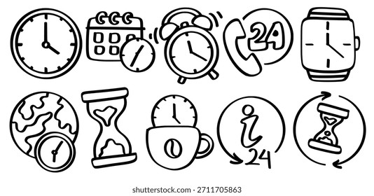 Conjunto de tiempo dibujado a mano y tema del reloj Vector aislado