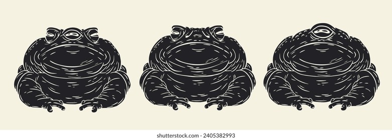 Set hand drawn toads with one, two and three eyes in monochrome color  isolated on white background. Cartoon vector illustration.