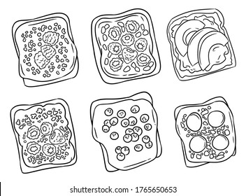 Set of hand drawn toasts isolated icons. Sandwiches doodles with different spreads, fruits and vegetables. Vegetarian breakfast food. Sketch vector illustration. Media highlights glyphs