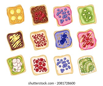 Conjunto de iconos aislados dibujados a mano. Dodles de sándwiches con diferentes ungüentos, frutas y verduras. Desayuno vegetariano. Ilustración vectorial. Glifos destacados de medios