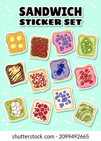 Set of hand drawn toasts stickers. Sandwiches doodles with different spreads, fruits and vegetables. Vegetarian breakfast food. Vector illustration. Media highlights symbols