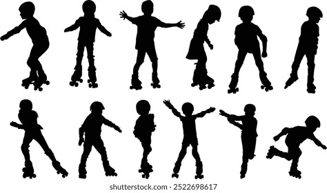 Set of hand drawn toddler roller skating silhouette. Kids playing outdoor activity full body illustration