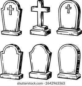 Set of Hand Drawn Tombstone and Grave Line Art Vector Illustrations