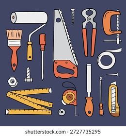 Conjunto de herramientas dibujadas a mano. Clipart dibujado a mano sobre fondo aislado.