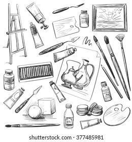 Set of hand drawn tools and materials the artist