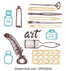 Set of hand drawn tools and materials the artist