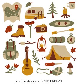 Set of hand drawn tourism and camping equipment. Doodle style illustration. Activity holiday, outdoor travel concept.