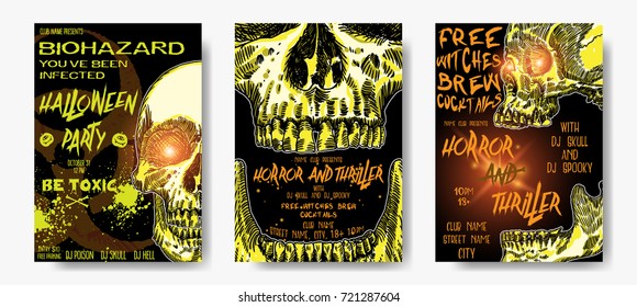 Set of hand drawn toxic and thriller Halloween celebration cards and flyers with lettering and scary human skulls and skeleton parts. Halloween poster and banners decoration background Vector.