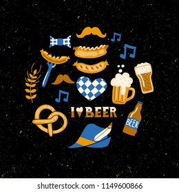 Set of Hand drawn traditional Beer fest attributes on grunge background. Craft beer print. Doodle style. Vector template.