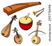 Set of hand drawn traditional Chinese
musical instruments. Guzheng, pipa, erhu, ruan, dizi, suona and dagu.