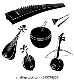 Set of hand drawn traditional Chinese
musical instruments. Guzheng, pipa, erhu, ruan, dizi, suona and dagu. Black silhouettes technique drawing.