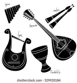 Set of hand drawn traditional Greek musical instruments. Bouzouki, aulos, lyre,syrinx and toubeleki. Black silhouettes technique drawing.