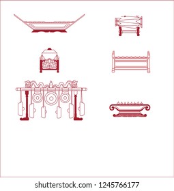 Set of hand drawn traditional Indonesian musical instruments. Elements of Gamelan. Bonang, gambang, rebab, gong ageng and kendang.