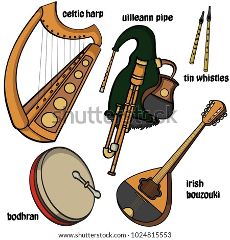 Set Hand Drawn Traditional Irish Musical Stock-Vektorgrafik (Lizenzfrei