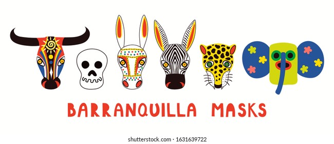 Set of hand drawn traditional masks, bull, donkey, leopard, zebra, marimonda, death. Vector illustration. Isolated on white. Flat style design. Element for Barranquilla Carnival poster, flyer, banner.