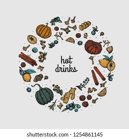 Set with hand drawn traditional pumpkin spices. Hand drawn cinnamon, allspice, ginger, clove, nutmeg.