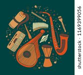 Set of hand drawn traditional Slavic, Ukrainian musical instruments in circle. Reed pipe, kobza, buhay, sopilka, bandura, pan flute etc.