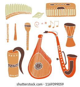 Set of hand drawn traditional Slavic, Ukrainian musical instruments isolated on a white background. Reed pipe, kobza, buhay, sopilka, bandura, pan flute etc.