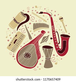 Set of hand drawn traditional Slavic, Ukrainian musical instruments in circle. Reed pipe, kobza, buhay, sopilka, bandura, pan flute etc.