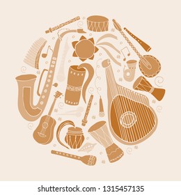 Set of hand drawn traditional Slavic, Ukrainian musical instruments in circle. Reed pipe, kobza, buhay, sopilka, bandura, pan flute etc.