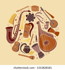 Set of hand drawn traditional Slavic, Ukrainian musical instruments in circle. Reed pipe, kobza, buhay, sopilka, bandura, pan flute etc.
