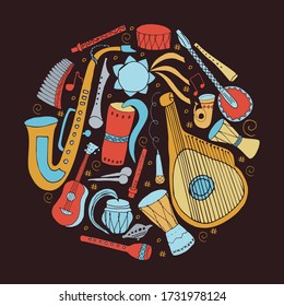 Set of hand drawn traditional Slavic, Ukrainian musical instruments in circle. Reed pipe, kobza, buhay, sopilka, bandura, pan flute etc. Music instruments in hand drawn style. Vector illustration.