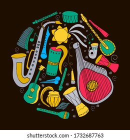 Set of hand drawn traditional Slavic, Ukrainian musical instruments in circle. Reed pipe, kobza, buhay, sopilka, bandura, pan flute etc. Music instruments in hand drawn style. Vector illustration.