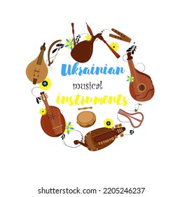 Set of hand drawn traditional Slavic, Ukrainian musical instruments. Bandur, tambourine, accordion, lyra, Cymbals, Ukrainian violin, sopilka. Vector illustration
