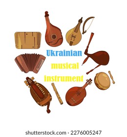 Set of hand drawn traditional Slavic, Ukrainian musical instruments. Bandur, tambourine, accordion, lyra, Cymbals, Ukrainian violin, sopilka. Vector illustration