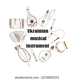 Set of hand drawn traditional Slavic, Ukrainian musical instruments. Bandur, tambourine, accordion, lyra, Cymbals, Ukrainian violin, sopilka. Vector illustration