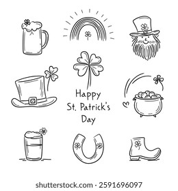 Set of hand drawn traditional symbols of St Patrick's Day, including hats, beer mug, leprechaun, pot with golden coins, rainbow. Irish culture, festive joy. Symbols for St Patrick's Day