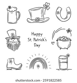 Set of hand drawn traditional symbols of St Patrick's Day, including hats, beer mug, leprechaun, pot with golden coins, rainbow. Irish culture, festive joy. Symbols for St Patrick's Day