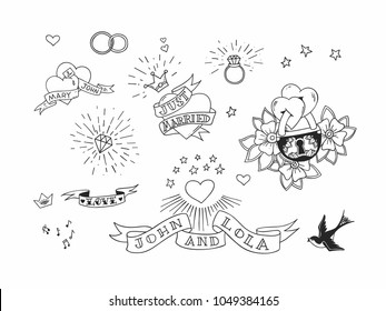 Set of hand drawn traditional tattoo elements. Vintage vector design for stickers ar prints.