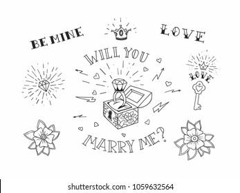 Set of hand drawn traditional tattoo elements. Vintage vector design for stickers ar prints.