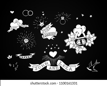 Set of hand drawn traditional tattoo elements. Vintage vector design for stickers ar prints.