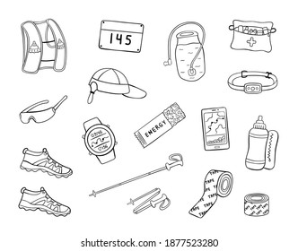 Set of hand drawn trail running equipment and accessories. Doodle vector illustration of shoes, hydration pack, trekking poles, etc.