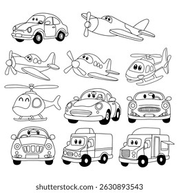 Set of hand Drawn transportation land and air doodles
