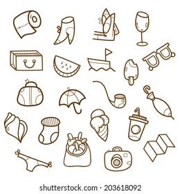 Set of hand drawn travel, camping and holiday icons