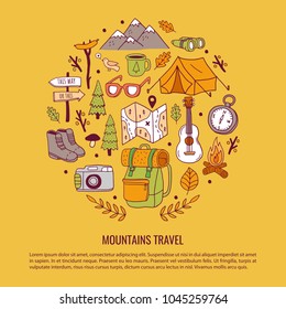 Set of hand drawn travel doodle. Sketch with travelling elements: tent, camera, bag, glasses, cup, mountain, tree, sign, boots, guitar, bird and other