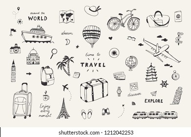 Set of hand drawn travel doodle objects. Tourism sketch with travelling elements: compass,ticket,plane,bag,car.