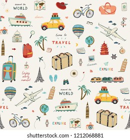 Set of hand drawn travel doodle objects. Vector seamless pattern. Tourism sketch with travelling elements: compass,ticket,plane,bag,car.