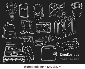 Set of hand drawn travel doodle. Vector illustration. Vacation or Time to Travel concept. Tourism and trip sketch with cartoon elements. Map, suitcase, airplane, camera, passport, tickets, smartphone