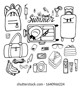 Set of hand drawn travel doodle. Vector illustration on white background. Tourism and summer sketch with travelling elements. Calligraphic inscription: summer journey.
