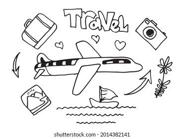 Set of hand drawn travel doodle. Vector illustration.Doodle art world travel collection design.