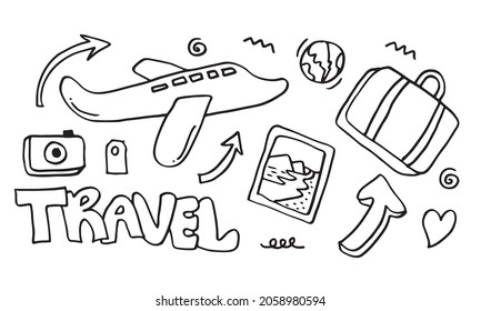 Set of hand drawn travel doodle. Vector illustration.Doodle art world travel collection design.