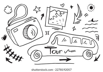 Set of hand drawn travel doodle. Vector illustration.Doodle art world travel collection design.